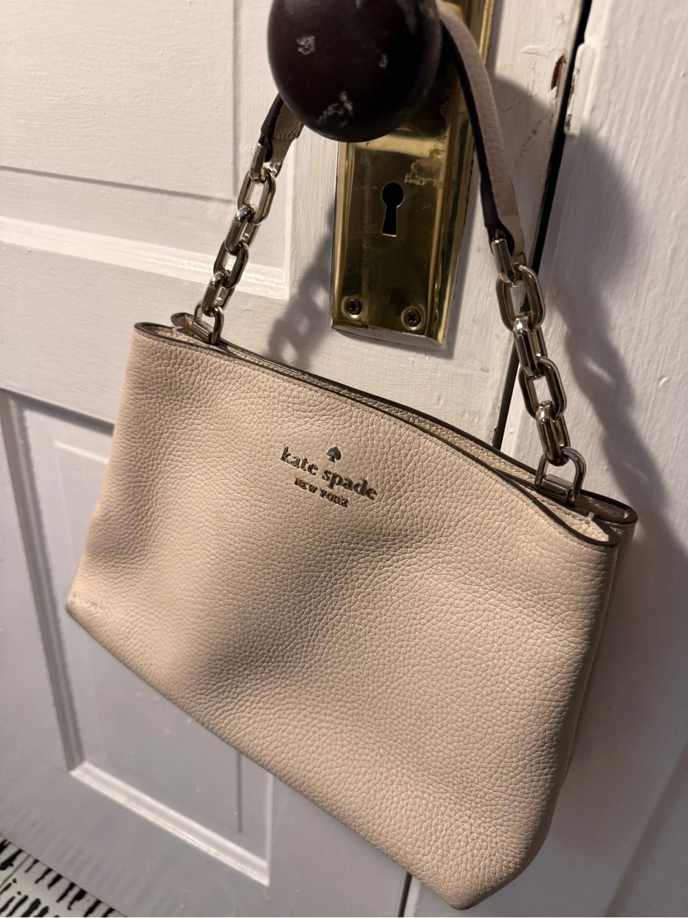 kate spade Cream Pebbled Leather Shoulder Bag with Gold Chain Accents